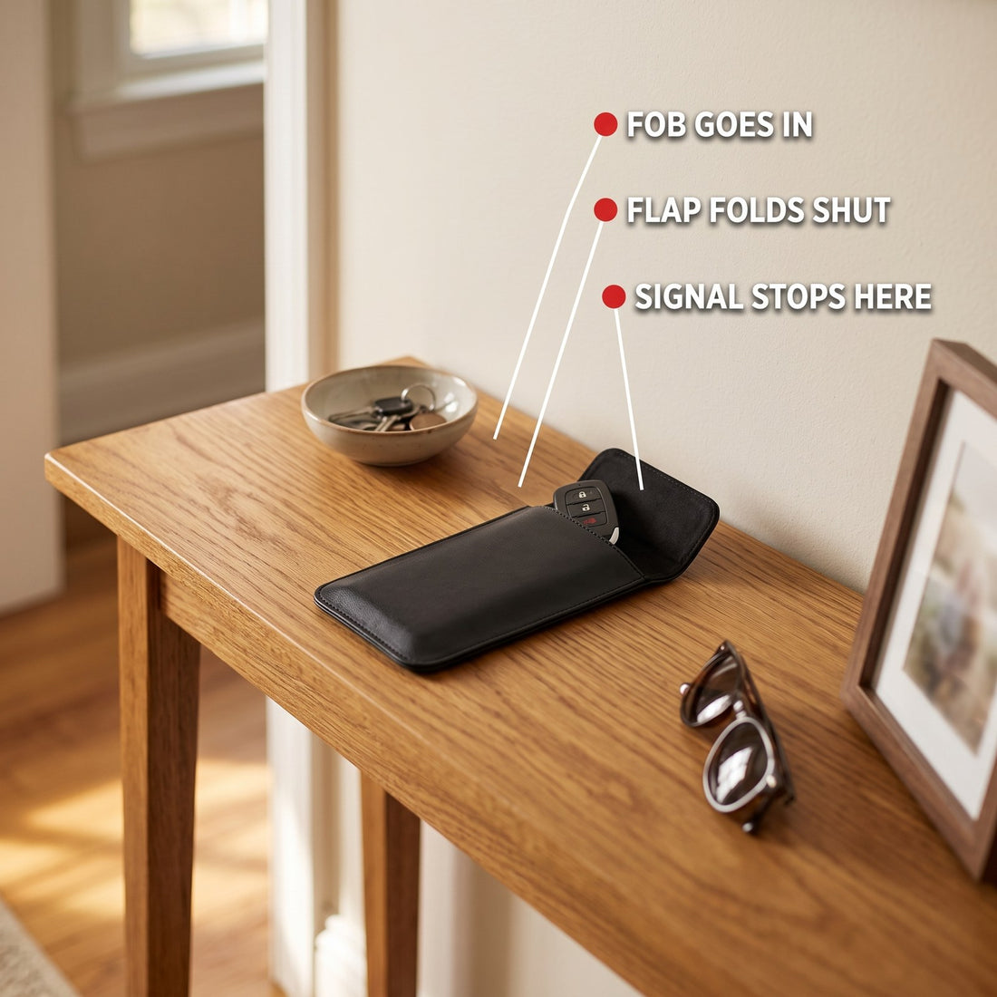 NullSignal on an entryway table — fob in, flap shut, signal stops